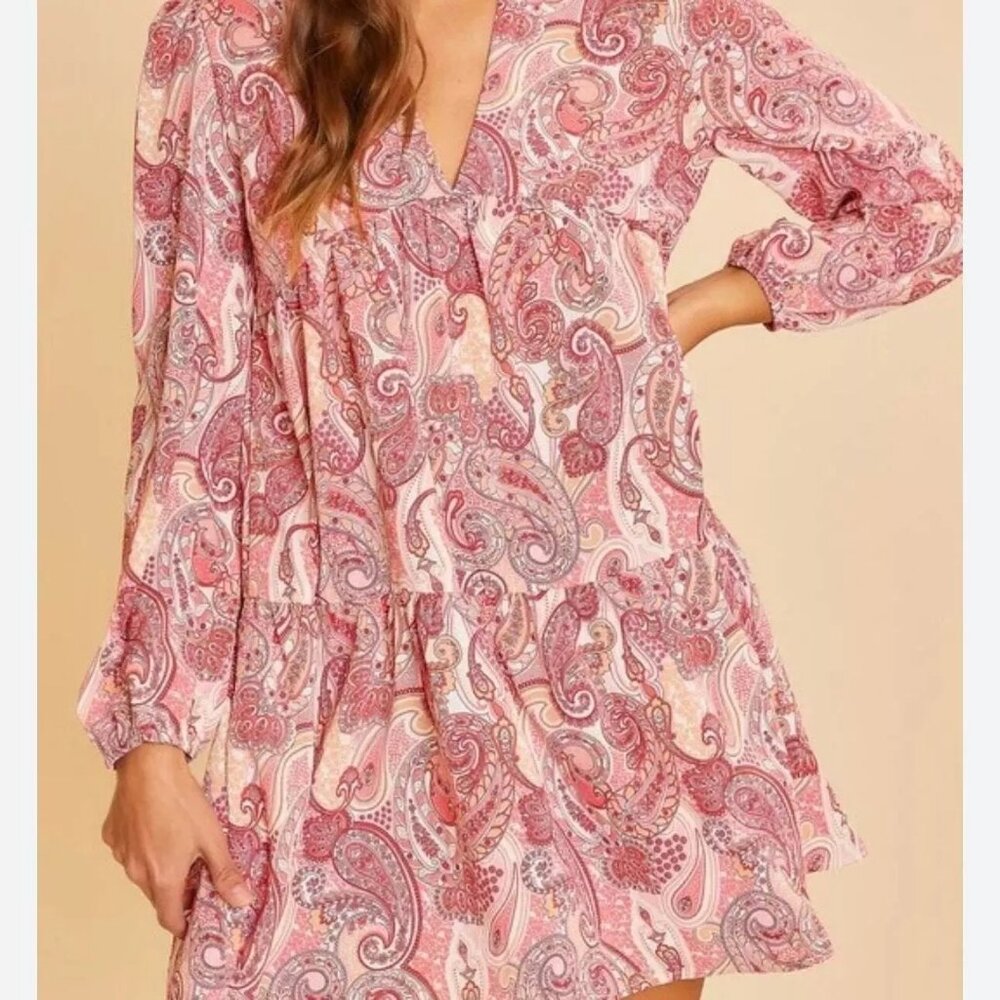 Penelope Rose Women's Tiered Mini Dress Summer Size M Pink Paisley Long Sleeve